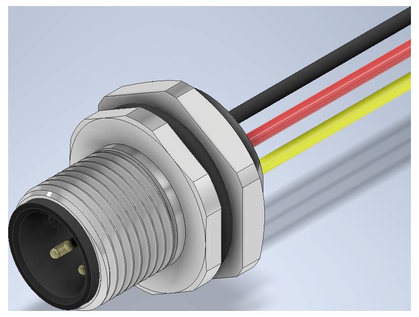Close-up of a threaded metal cable connector with three colored wires extending from the back.