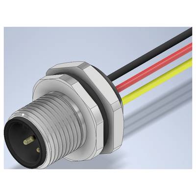Close-up of a threaded metal cable connector with three colored wires extending from the back.