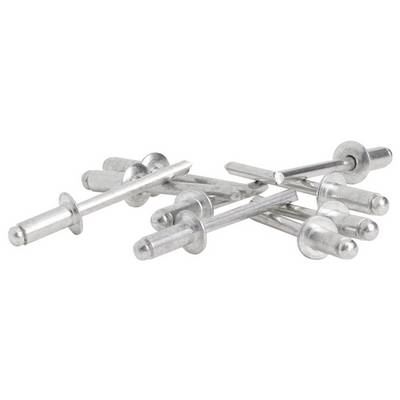 Several silver blind rivets scattered on a white background.