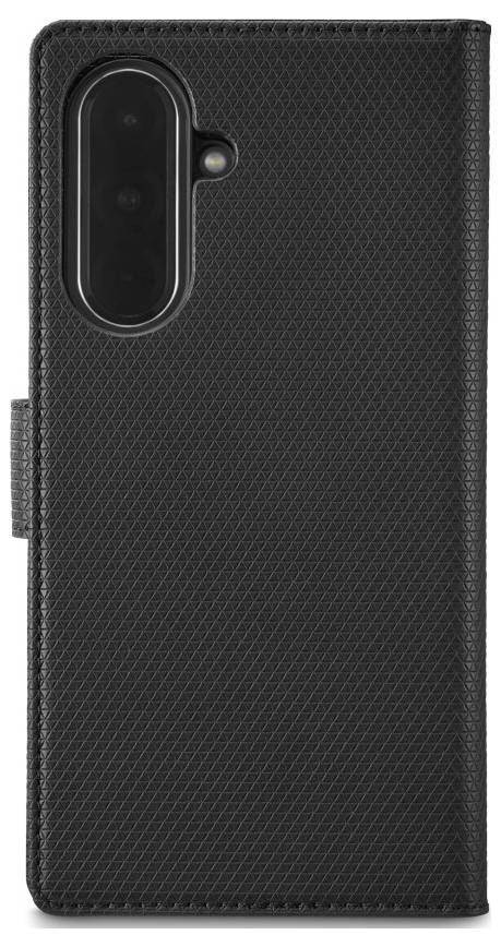Black textured wallet-style phone case with vertical camera cutout and side tab, shown from the back.