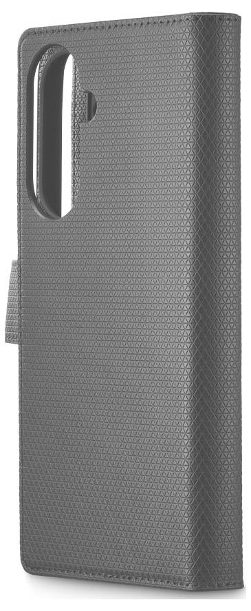Gray textured flip phone case shown closed, with a vertical camera cutout and side loop/strap on a white background.
