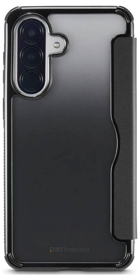 Black smartphone case with clear back and raised triple-camera cutout, shown front view on a white background.