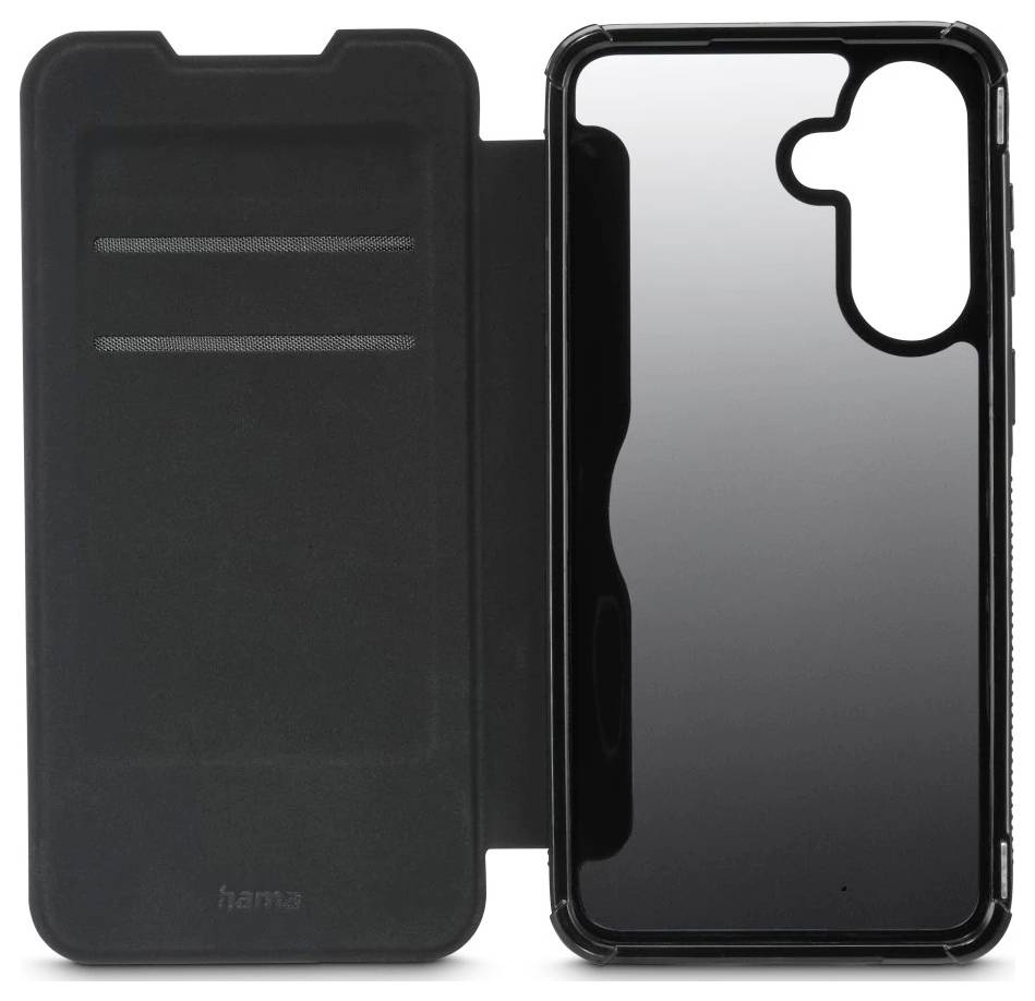 Black flip phone case with front cover and clear hard-shell back, shown open.