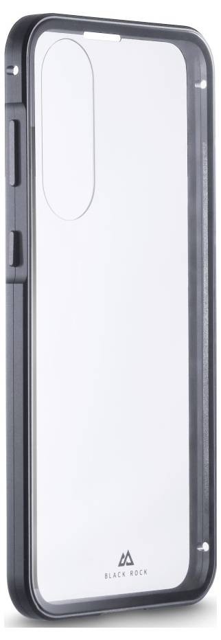 Black smartphone case with a transparent back panel and raised protective edges, shown upright on a white background.