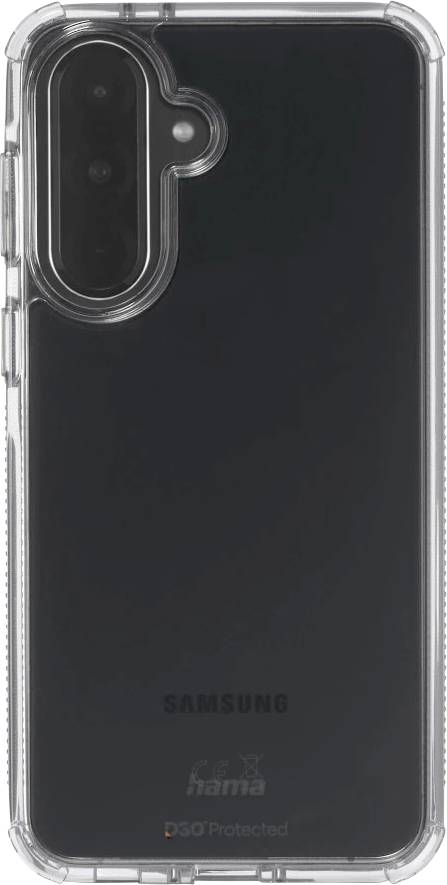 Clear protective phone case for a Samsung smartphone, shown from the back with camera cutout and rounded corners.