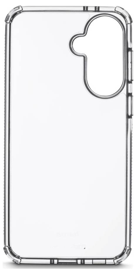 Clear smartphone protective case shown front view, with raised edges and a large cutout for the rear camera module.<br>
