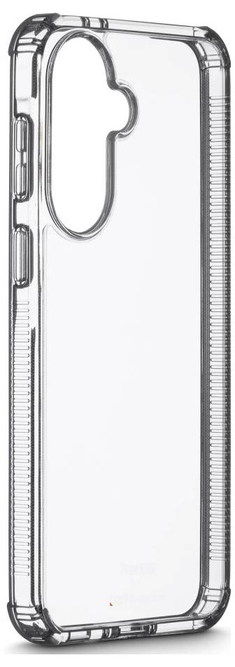 Clear protective phone case with camera cutout and raised edges, shown upright on a plain white background.