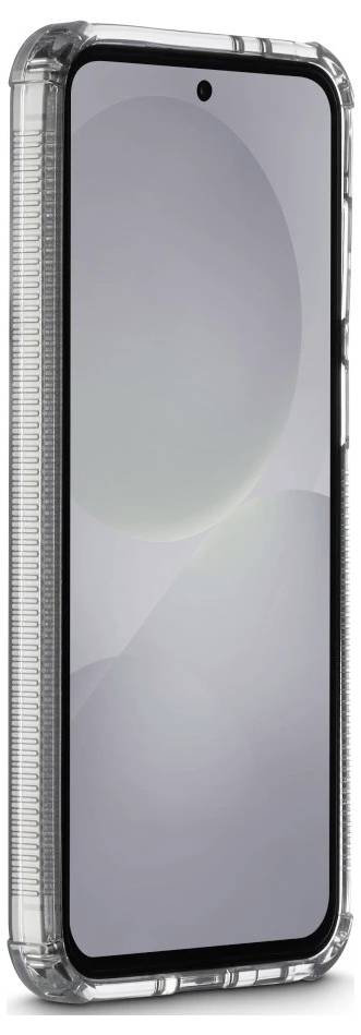 A smartphone in a clear protective case, shown front view against a white background.