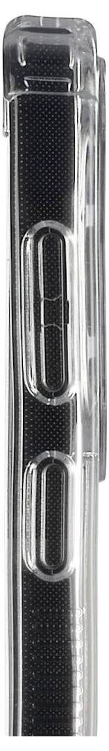 Close-up side view of a smartphone or case edge, showing two elongated metal buttons and a glossy black textured surface.