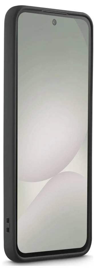 A smartphone in a black protective case, shown front view with a blank screen and centered front camera cutout.
