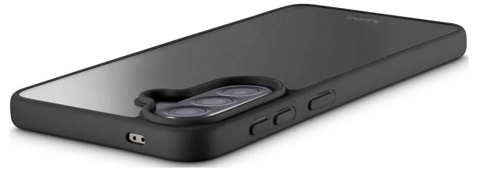 Black smartphone case with an integrated raised camera ring, shown in angled side view on a white background.