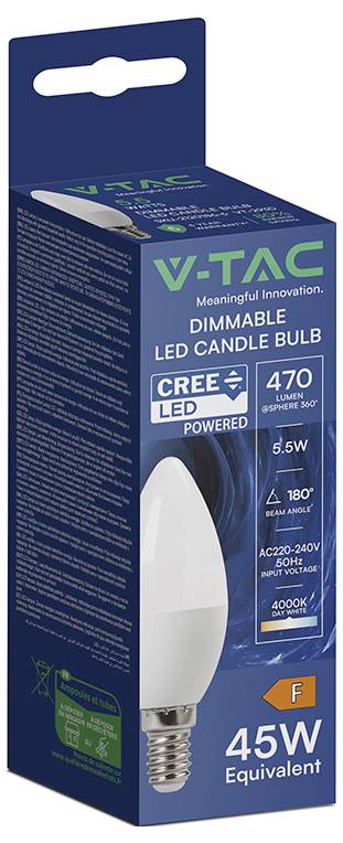 Package of a V-TAC dimmable LED candle bulb, labeled CREE LED powered, 470 lumens, 5.5W, 45W equivalent, 4000K, E14 base.