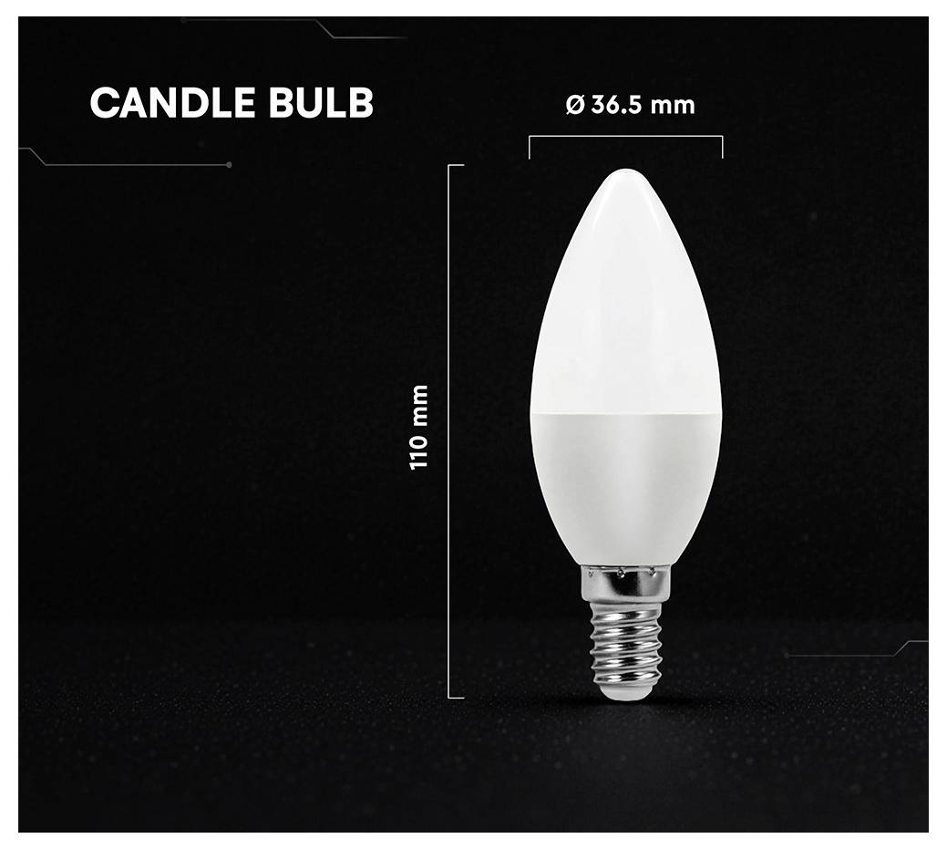 Candle bulb product image showing a white LED bulb with 'CANDLE BULB' text and dimensions: 110 mm tall, 36.5 mm wide.