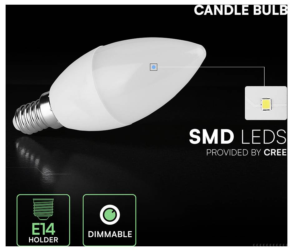 White candle bulb with E14 holder and dimmable SMD LED, labeled 'PROVIDED BY CREE'.