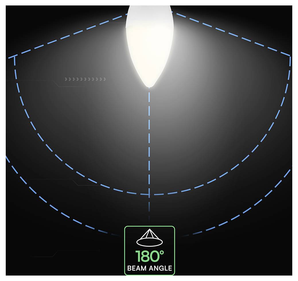 Diagram of a light beam showing a 180° beam angle, with dashed blue spread lines radiating from a lamp icon at the top center.<br>