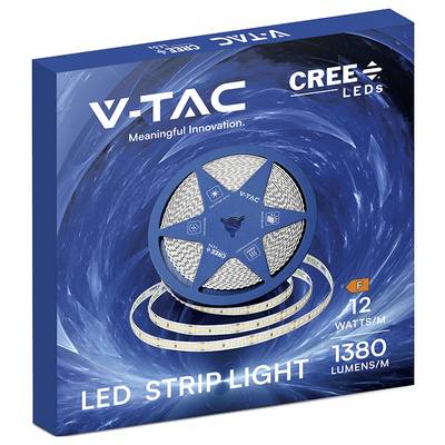 V-TAC LED strip light product box featuring CREE LEDs, 12 watts/m and 1380 lumens/m.
