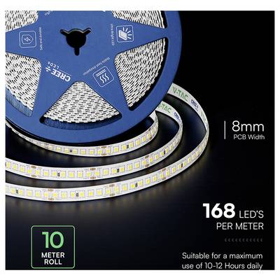Blue reel of LED strip lights on a black background, labeled 8mm PCB width, 168 LEDs per meter, 10 meter roll, suitable for 10-12 hours daily use.