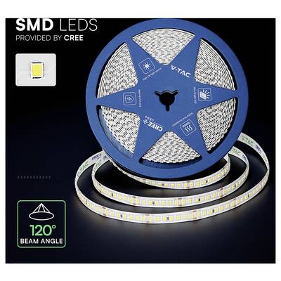 Promotional image of a VTAC LED strip light reel with 'SMD LEDs provided by CREE' text and a '120° beam angle' badge.<br>