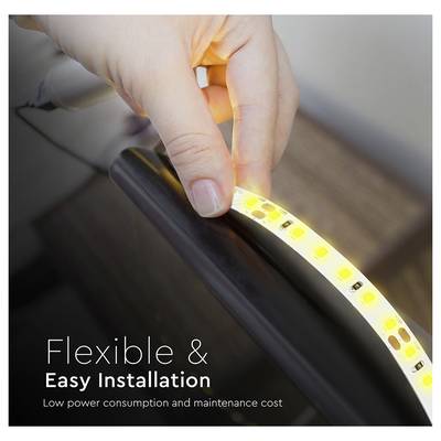 Hand installs a flexible LED strip light on a surface, with text reading 'Flexible & Easy Installation' and 'Low power consumption and maintenance cost'.
