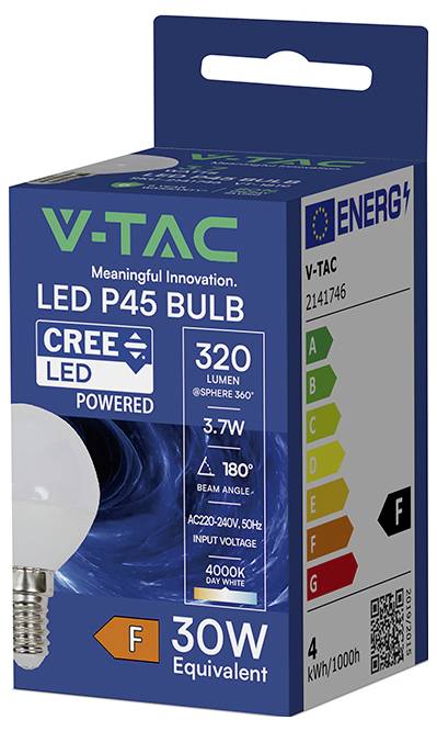 V-TAC LED P45 bulb packaging, showing a 3.7W CREE LED bulb, 320 lumens, 4000K day white, 30W equivalent, and energy class F.