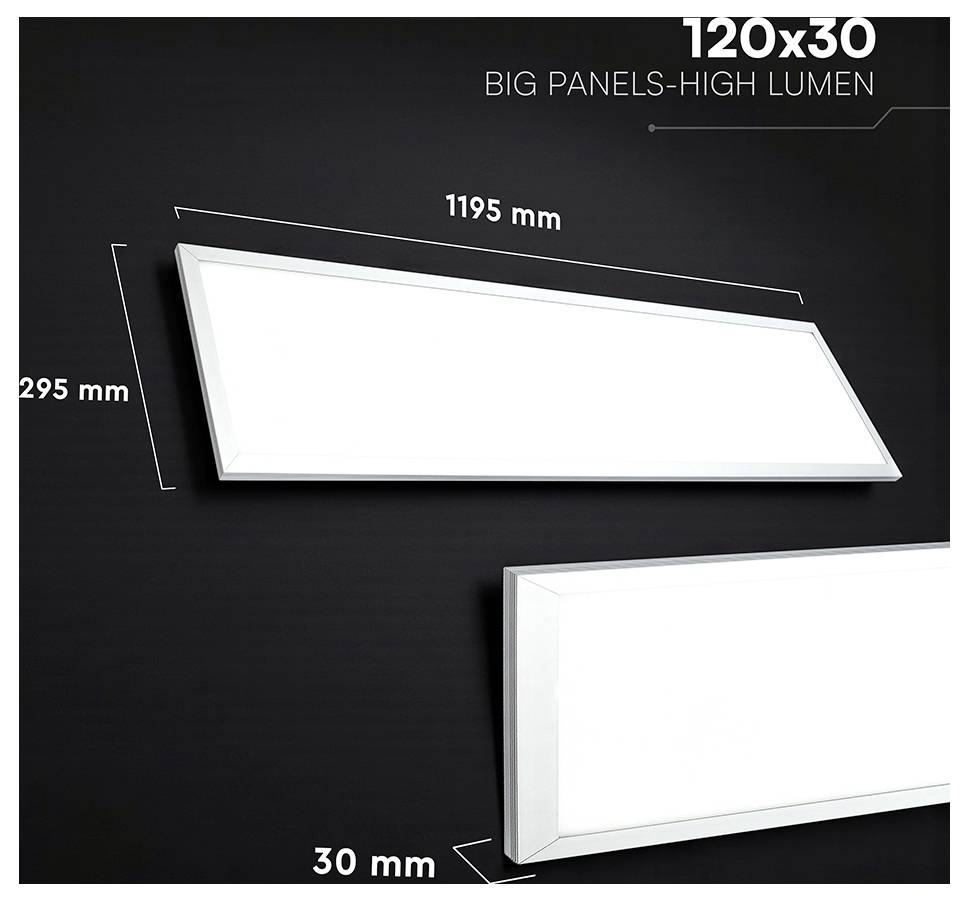 Product diagram of a slim rectangular LED panel light labeled '120x30' and 'BIG PANELS-HIGH LUMEN,' showing dimensions 1195 mm x 295 mm x 30 mm.<br>