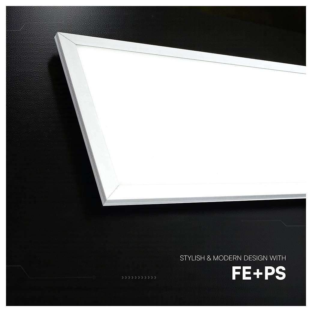 Modern rectangular white framed panel or sign on a dark background with the text 'STYLISH & MODERN DESIGN WITH FE+PS' at bottom right.
