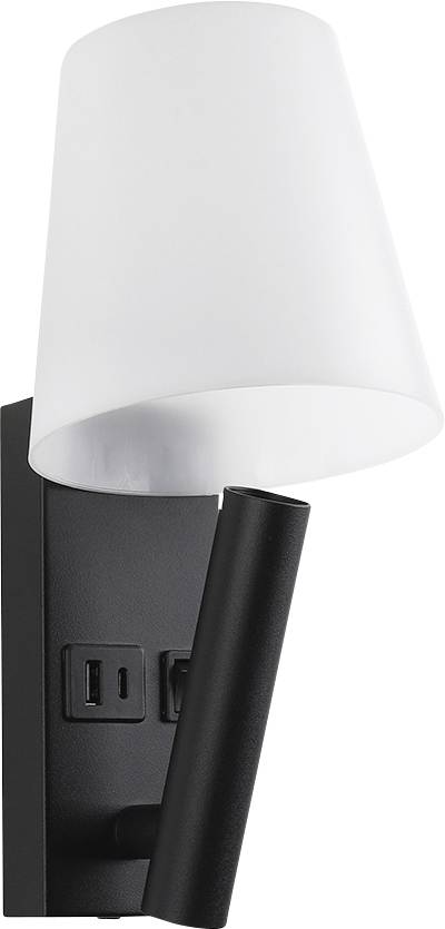 Black wall sconce lamp with a white tapered shade and built-in USB and power outlet on the base.