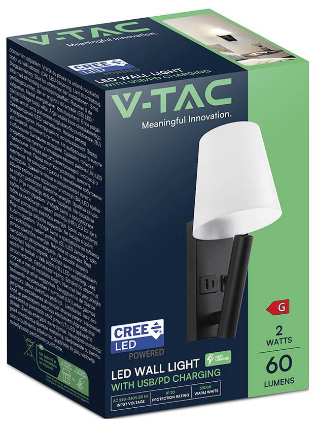 V-TAC LED wall light packaging showing a white wall sconce with USB/PD charging, 2 watts, 60 lumens, and CREE LED powered branding.