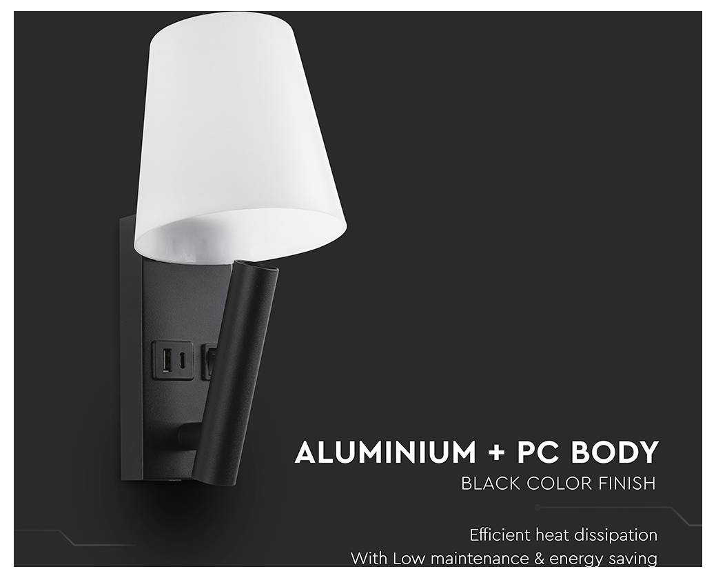Black wall sconce with white shade and black arm; text reads 'ALUMINIUM + PC BODY', 'BLACK COLOR FINISH', 'Efficient heat dissipation', 'With Low maintenance & energy saving'.<br>