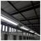 Interior of an industrial building with a long row of suspended fluorescent light fixtures beneath a dark ceiling and high windows.