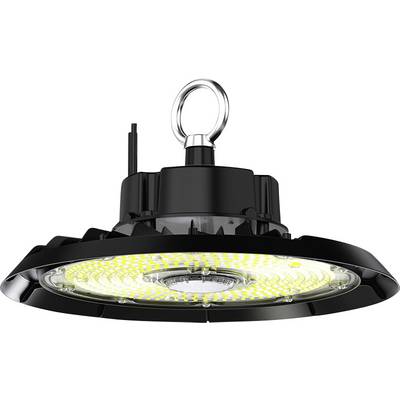 Black industrial LED high-bay light fixture with hanging ring mount, shown from below on a white background.<br>