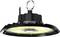 Black industrial LED high-bay light fixture with hanging ring mount, shown from below on a white background.<br>