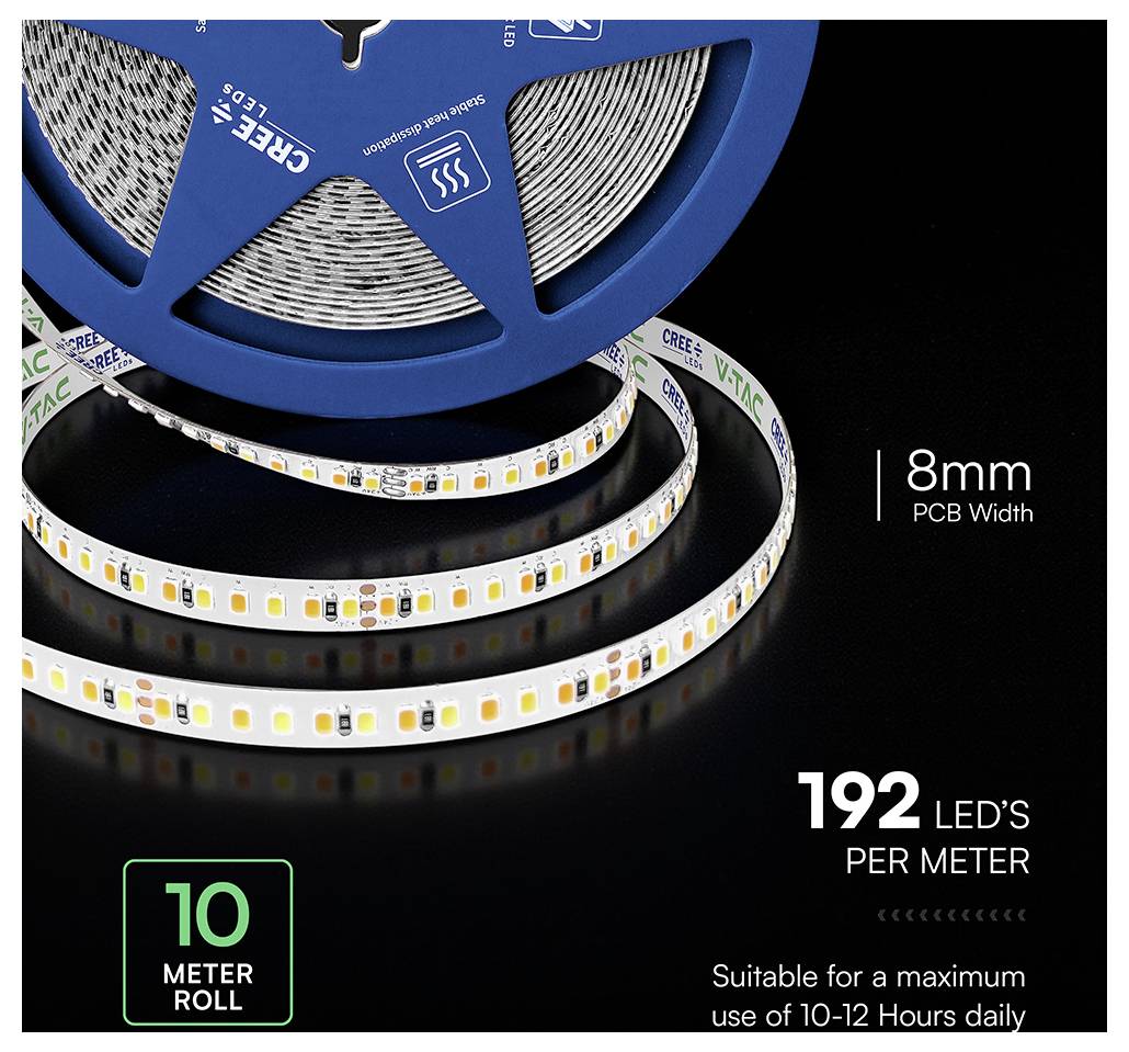 Product image of an LED strip light roll on a blue reel, highlighting '8mm PCB Width', '192 LED’s per meter', and '10 meter roll'.