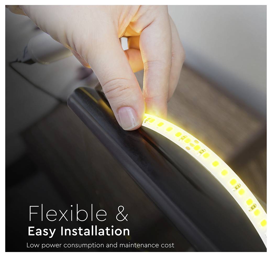 Hand installing a flexible LED light strip on a curved surface, with text: 'Flexible & Easy Installation' and 'Low power consumption and maintenance cost'.