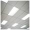 Office ceiling with white acoustic tiles and several bright rectangular fluorescent light panels.