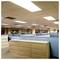 Empty office with rows of blue cubicles and tan filing cabinets under fluorescent ceiling lights.