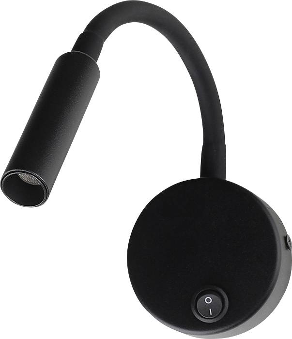 Black gooseneck wall light with a cylindrical spotlight and round base featuring an on/off switch.