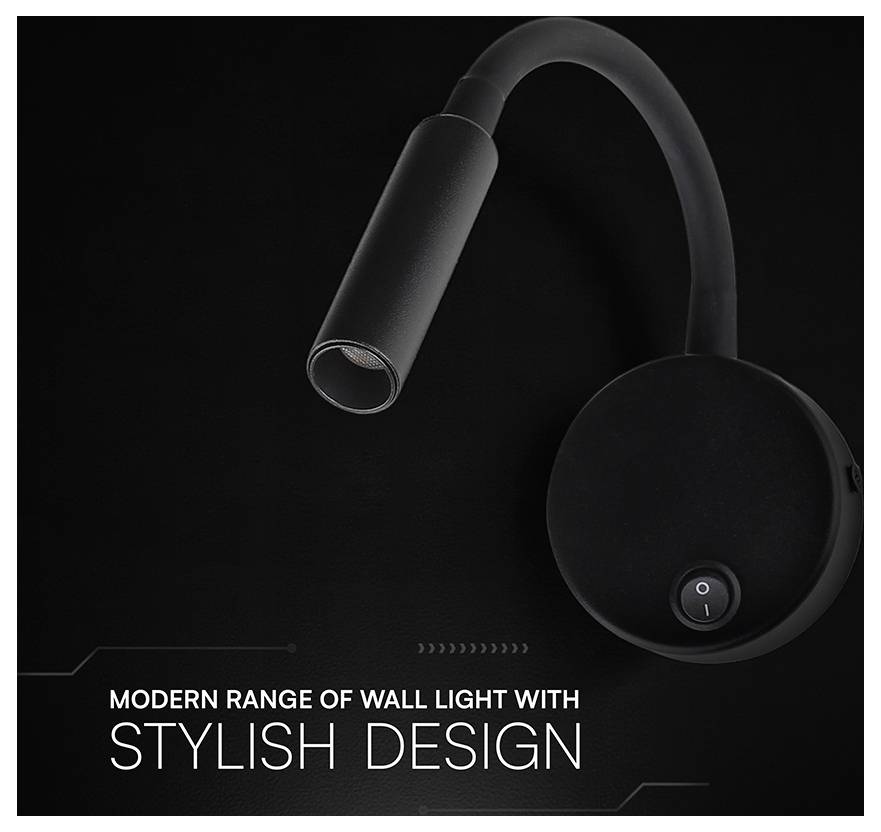 Black modern wall light with flexible arm and circular base; text reads 'MODERN RANGE OF WALL LIGHT WITH STYLISH DESIGN'.