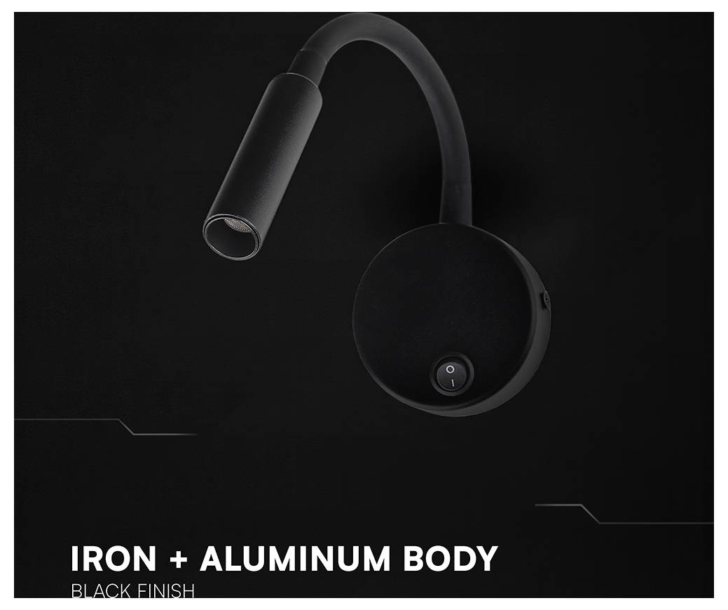 Black gooseneck wall light with iron and aluminum body; text reads 'IRON + ALUMINUM BODY' and 'BLACK FINISH'.