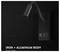 Black wall-mounted lamp with flexible gooseneck and iron-plus-aluminum body, shown on a dark background with text 'IRON + ALUMINUM BODY' and 'BLACK FINISH'.