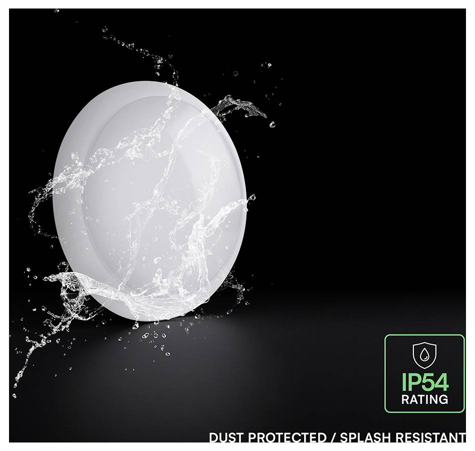 Product image of a circular white device with water splashing over it, labeled 'IP54 RATING' and 'DUST PROTECTED / SPLASH RESISTANT'.