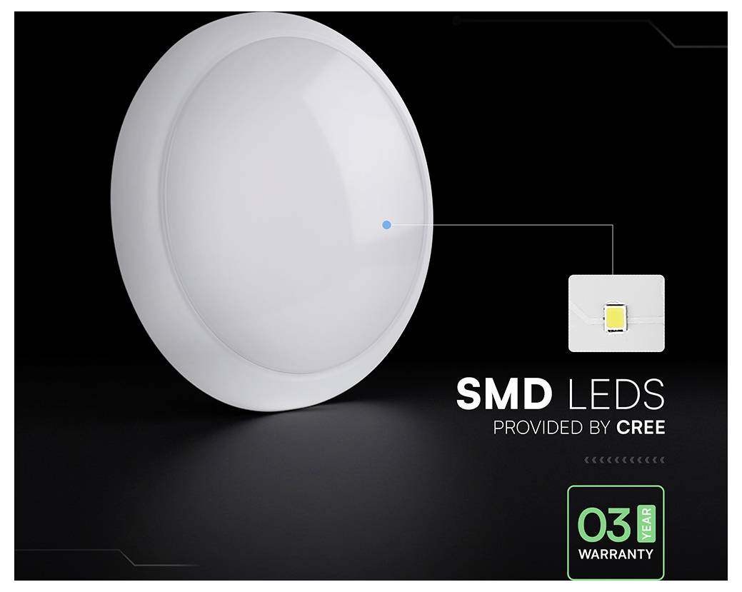 Promotional image of a round white LED ceiling light with the text 'SMD LEDS PROVIDED BY CREE' and a '03 YEAR WARRANTY' badge.