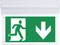 Emergency exit sign with running person and downward arrow, indicating the exit route is below.