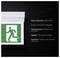 Green emergency exit sign with running figure; text notes maintained operation, single or double-face configuration, 30 m viewing distance, and application in theatres, clubs, and basement parking.