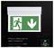 Green emergency exit sign with running person and downward arrow on a light panel; text says efficient safety lighting, over 3 hours operating time, 12 hours charging time.