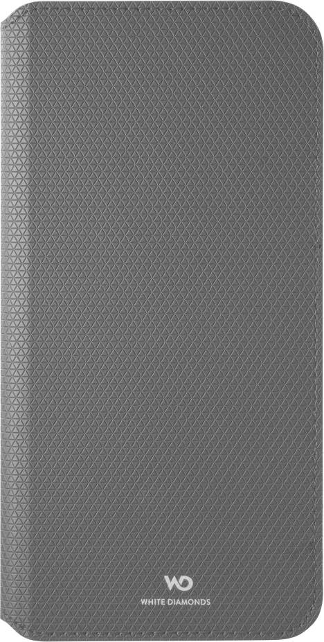 Gray textured phone case with rounded corners, featuring a small white 'WD' logo and 'WHITE DIAMONDS' near the bottom.<br>