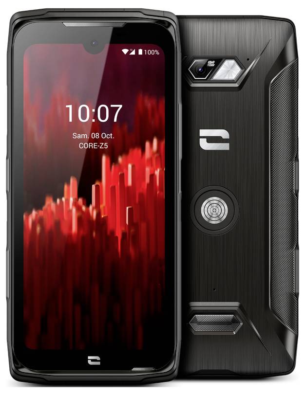 Black rugged smartphone shown front and back, with 10:07 lock screen, date 'Sam. 08 Oct.' and battery at 100%.