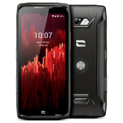 Black rugged smartphone shown front and back, with 10:07 lock screen, date 'Sam. 08 Oct.' and battery at 100%.