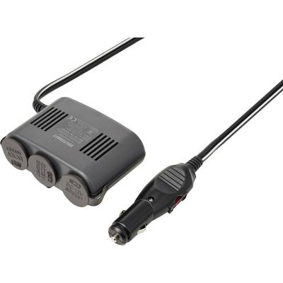 Black car power adapter with three fused sockets and a cigarette-lighter plug on a cable, shown on a white background.