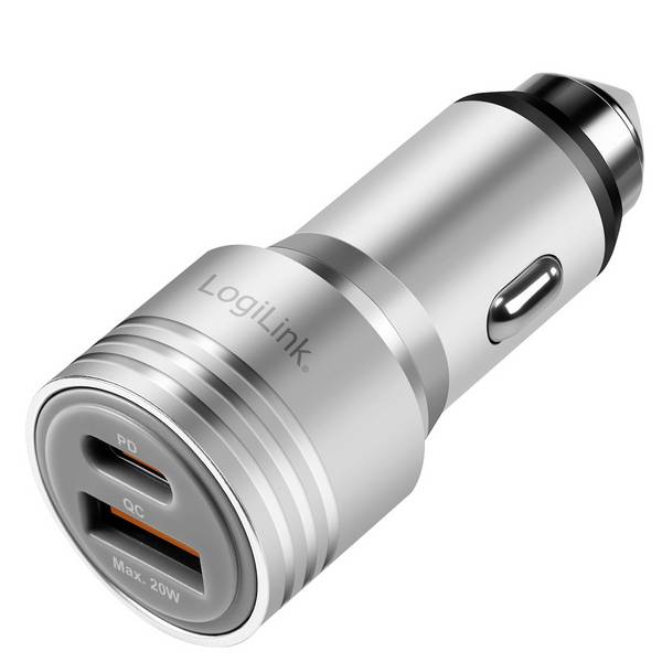 LogiLink PA0228A Car charger USB-C® socket (Power Delivery), USB-A socket QC 2.0, Power Delivery 3.0 Aluminium Car Emergency hammer
